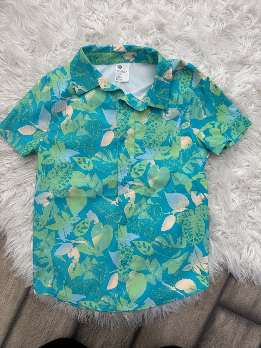 Boys 10/12 Tropical Leaf Print Button-Up Shirt - Turquoise/Green